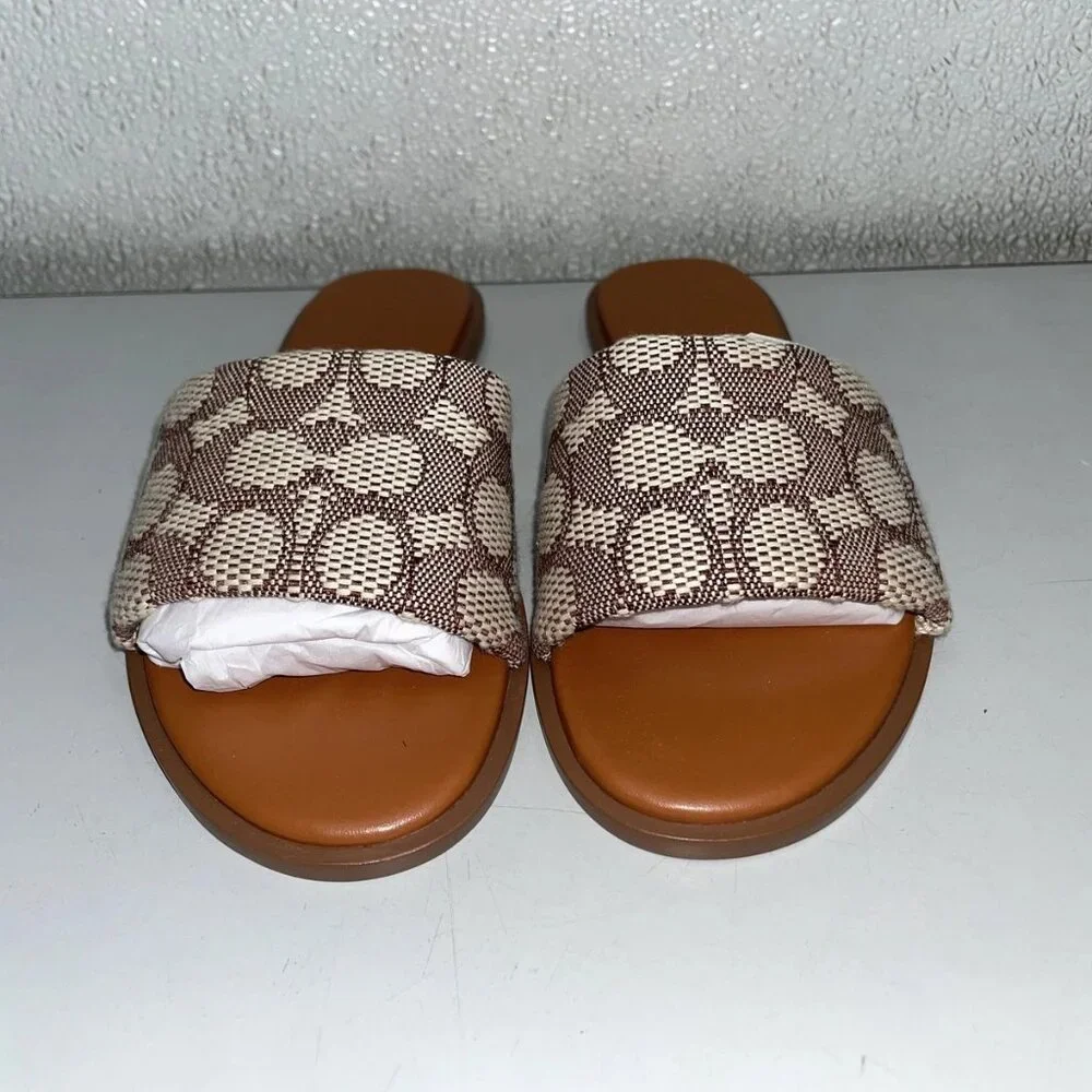 Coach Brown and Cream Signature Slide Sandals